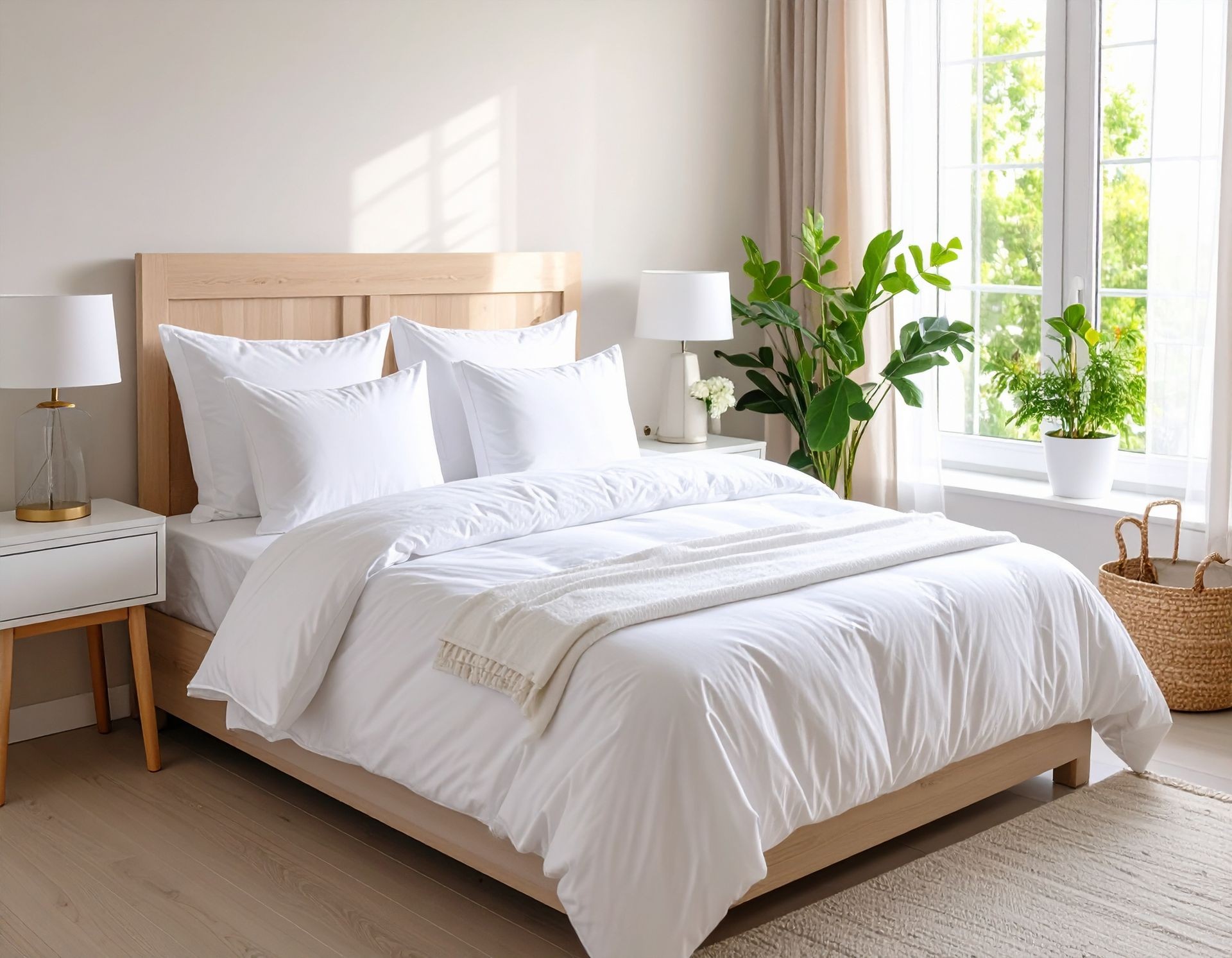 Modern bedroom with white linens and sunlight — clean and welcoming.